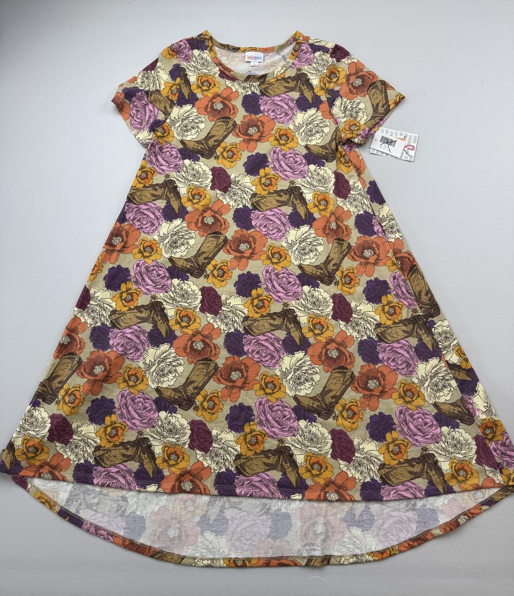 LuLaRoe Dress Womens Small Multicolor Floral Western Boot Hi Low T-Shirt Swing